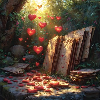 A meaningful painting depicting a broken book with hearts floating out of it, serving as a symbolic representation for Valentines Day.