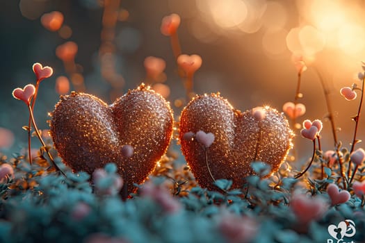 A photo showcasing a couple of hearts placed on top of a vibrant field of flowers, capturing the essence of Valentines Day.