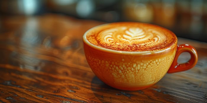 Cups of cappuccino with latte art ,top view,flat lay.