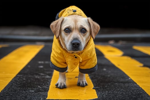 A dog in a yellow raincoat stands at a pedestrian crossing. Portrait