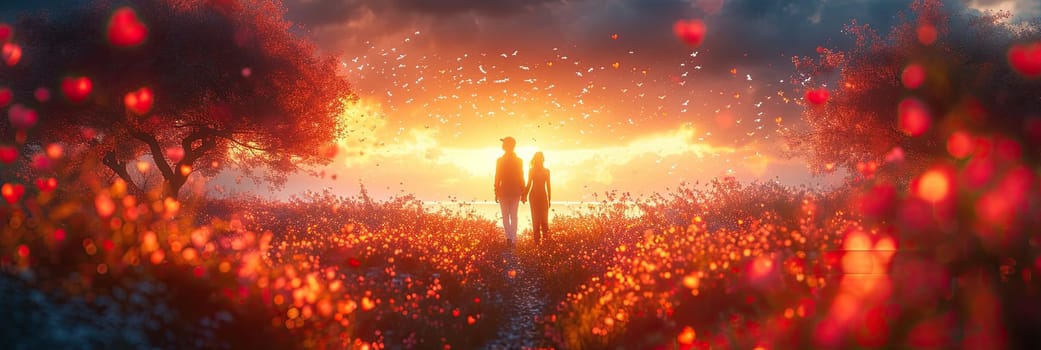A photo capturing two individuals, celebrating Valentines Day, standing amidst a vast field.