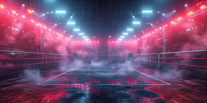 A tennis court engulfed in thick smoke during a fight night, creating a dramatic scene.