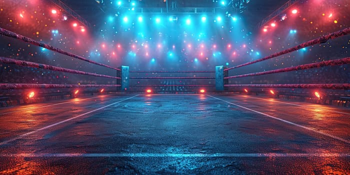 An unoccupied boxing ring with vibrant lights illuminating the space, ready for an action-packed fight night.