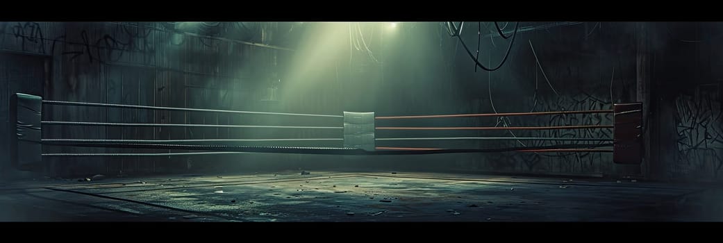 A boxing ring illuminated in a dark room, creating an intense atmosphere for a fight night event.