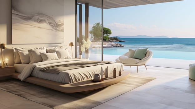 Luxury Hotel Modern interior bedroom with large windows. Summer scene ocean side. Summer, travel, vacation, dreams holiday, resort.