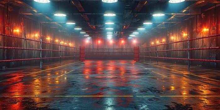An unoccupied boxing ring illuminated by overhead lights, ready for the action of a Fight Night event.