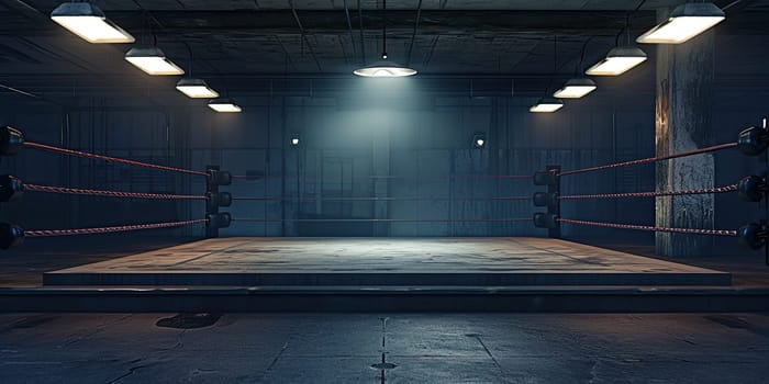 An abandoned boxing ring, void of any fighters or spectators, displays its sturdy ropes and illuminated lights.