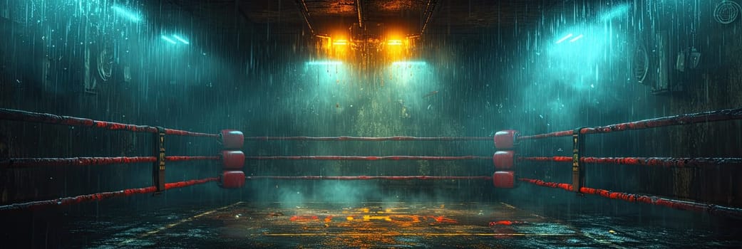 A striking photo of a boxing ring in the center of a dimly lit room, capturing the intensity of a fight night atmosphere.