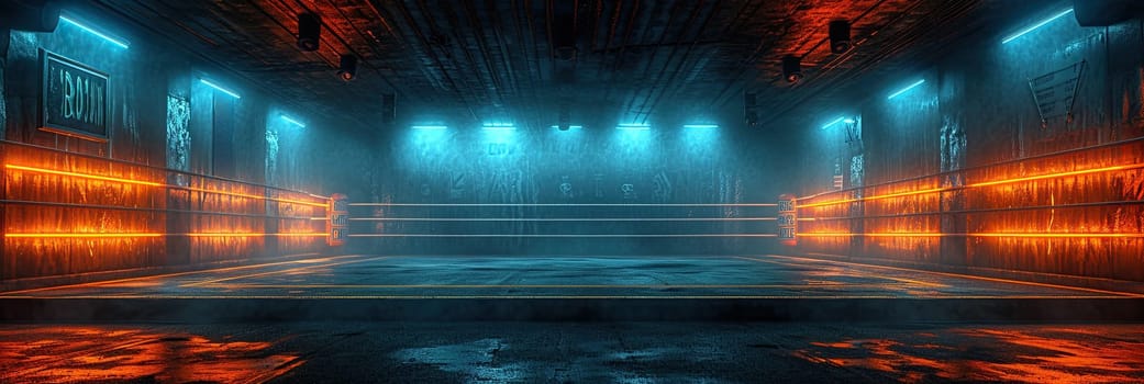 An uninhabited boxing ring glows under the illumination of vibrant neon lights, awaiting the intensity of a fight night.