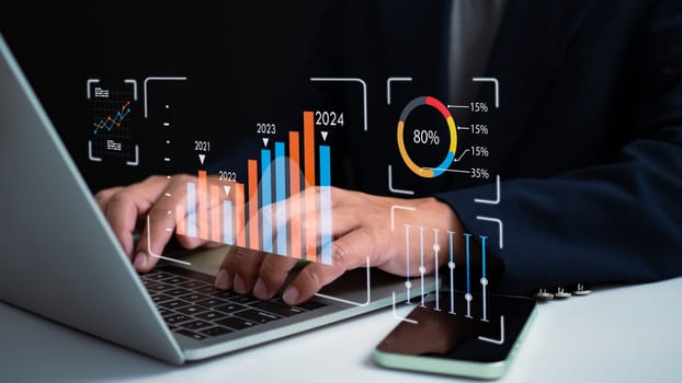 Business people use computers to analyze business and manage corporate data, business analytics with charts, metrics and KPIs to improve organizational performance, marketing, financial organization strategy.