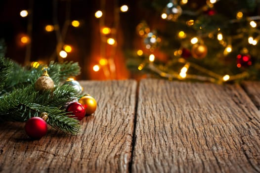 wooden table with fir tree and decorations. Christmas and New Year concept