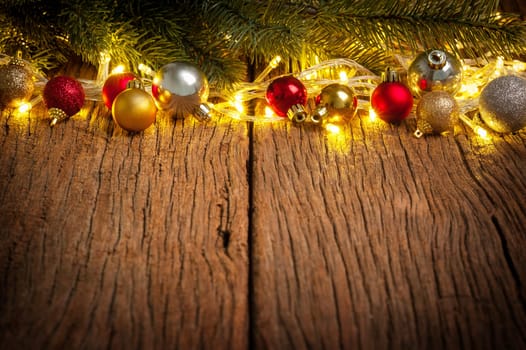 wooden table with fir tree and decorations. Christmas and New Year concept