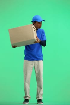 The deliveryman, in full height, on a green background, examines the box.