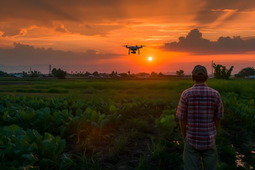 Farmer in the field using drone at the sunset. Neural network generated in January 2024. Not based on any actual scene or pattern.