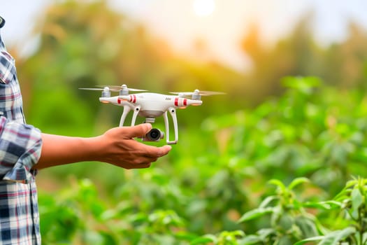 Farmer in the field using drone. Neural network generated in January 2024. Not based on any actual scene or pattern.