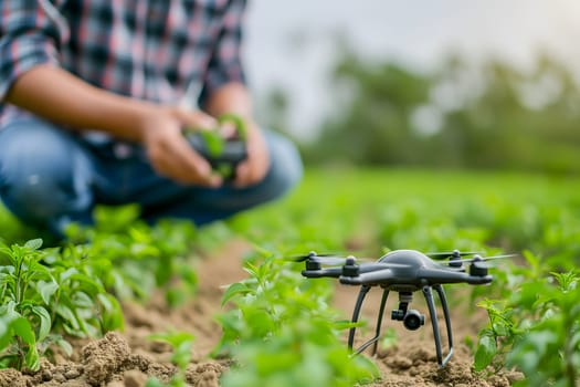 Farmer in the field using drone. Neural network generated in January 2024. Not based on any actual scene or pattern.