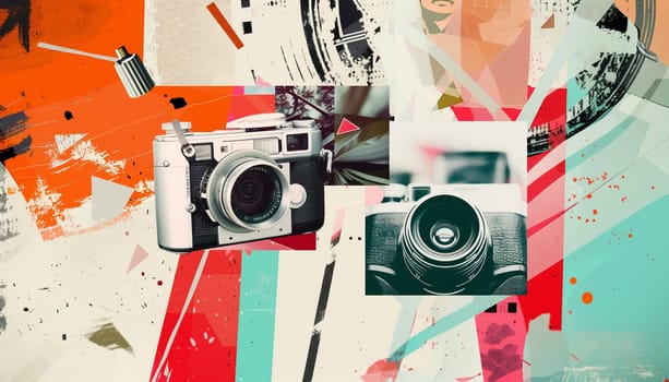 Paparazzi. Contemporary art collage. Colorful image of retro photo cameras. Concept of vintage things, mix old and modernity. Copy space for ad.