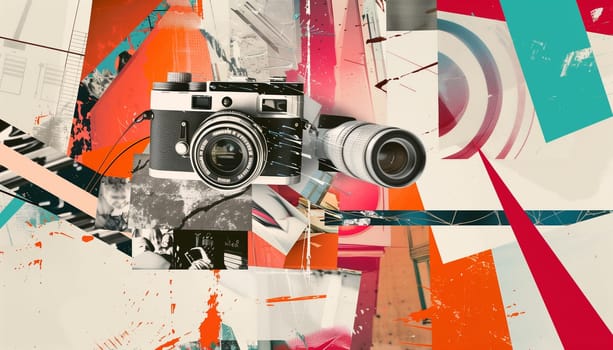 Paparazzi. Contemporary art collage. Colorful image of retro photo cameras. Concept of vintage things, mix old and modernity. Copy space for ad.