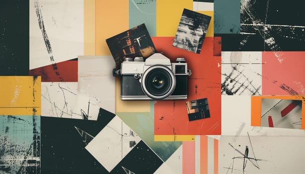 Paparazzi. Contemporary art collage. Colorful image of retro photo cameras. Concept of vintage things, mix old and modernity. Copy space for ad.
