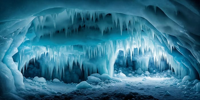 Ice cave panorama with two holes. Breathtaking view of the icy wonderland. Generative AI