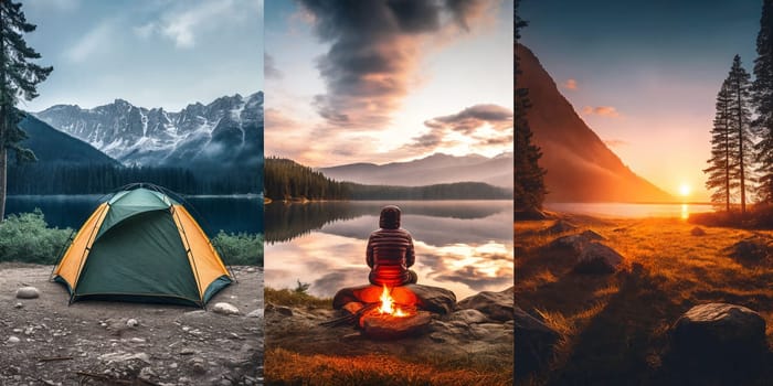 Collage three images rear view of a man, hiking tent nestled in the mountains, with a stunning sunset casting warm hues over the lake landscape.