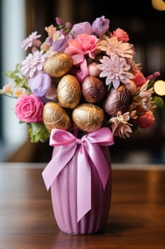 sweet food floral spring nature design for the holiday season. chocolate easter bouquet with ribbon. ai generated