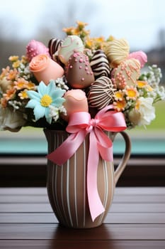 sweet food floral spring nature design for the holiday season. chocolate easter bouquet with ribbon. ai generated