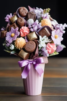 sweet food floral spring nature design for the holiday season. chocolate easter bouquet with ribbon. ai generated