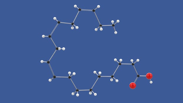 Alpha-linolenic acid, Omega 3 ALA 3D molecule structure, on blue background, 3D rendering illustration