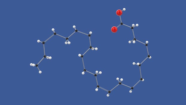 Docosahexaenoic acid, Omega 3 DHA, 3D molecule structure, on blue background, 3D rendering illustration