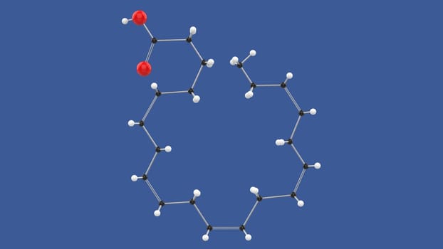 Eicosapentaenoic acid, Omega 3 EPA, 3D molecule structure, on blue background, 3D rendering illustration