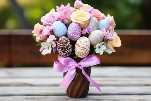 sweet food floral spring nature design for the holiday season. chocolate easter bouquet with ribbon. ai generated