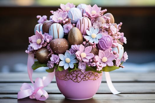 sweet food floral spring nature design for the holiday season. chocolate easter bouquet with ribbon. ai generated