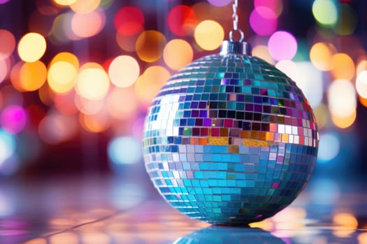 Disco ball with bright rays, night party background photo, ai generated
