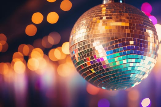 Disco ball with bright rays, night party background photo, ai generated