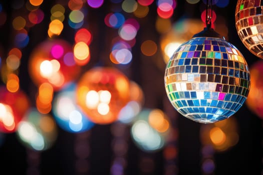 Disco ball with bright rays, night party background photo, ai generated