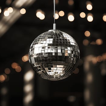 Disco ball with bright rays, night party background photo, ai generated