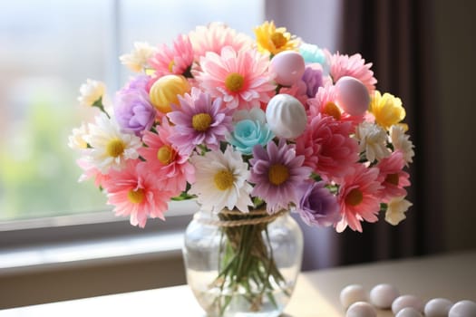 A bouquet of tulips, Easter bunnies and eggs. easter bouquet with flowers and eggs. ai generated