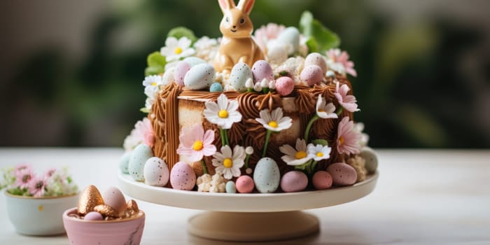 Delicious decorated Easter cake in rustic kitchen. ai generated