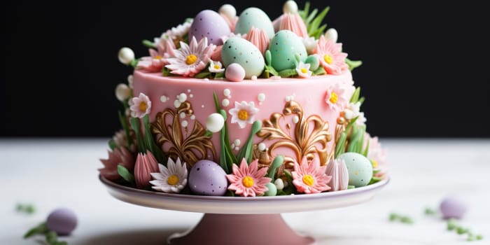 Delicious decorated Easter cake in rustic kitchen. ai generated