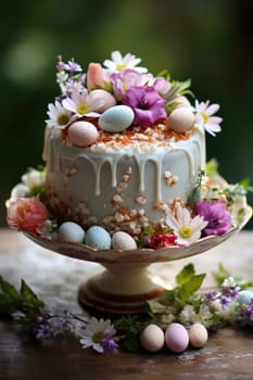 Delicious decorated Easter cake in rustic kitchen. ai generated