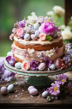 Delicious decorated Easter cake in rustic kitchen. ai generated