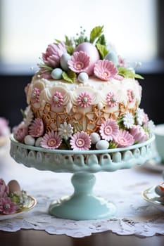Delicious decorated Easter cake in rustic kitchen. ai generated