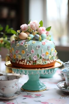 Delicious decorated Easter cake in rustic kitchen. ai generated