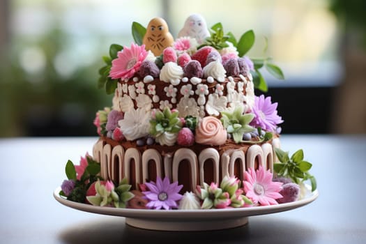 Delicious decorated Easter cake in rustic kitchen. ai generated