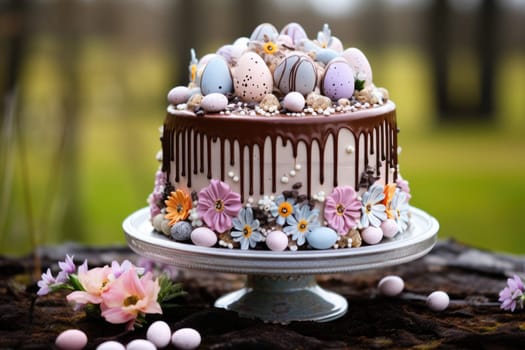 Delicious decorated Easter cake in rustic kitchen. ai generated