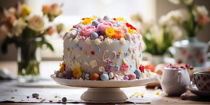 Delicious decorated Easter cake in rustic kitchen. ai generated