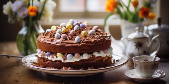 Delicious decorated Easter cake in rustic kitchen. ai generated
