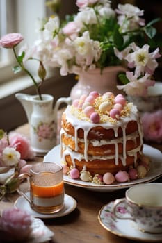 Delicious decorated Easter cake in rustic kitchen. ai generated