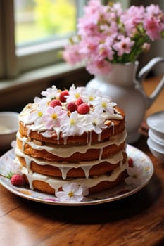 Delicious decorated Easter cake in rustic kitchen. ai generated